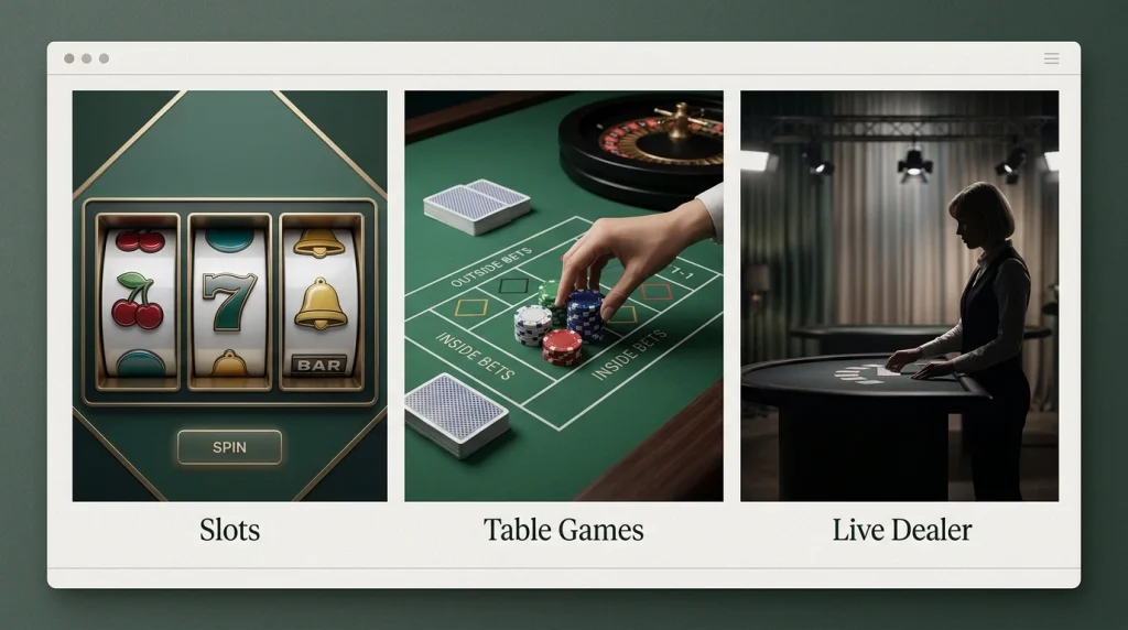 Illustration of casino game categories including slots table games and live dealer games