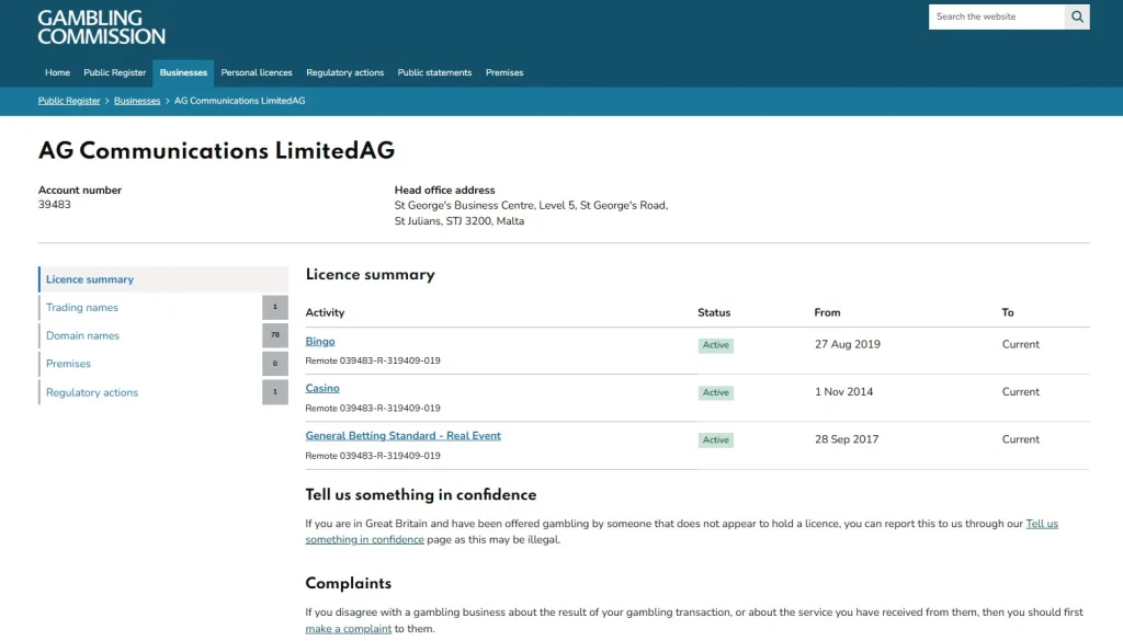 UK Gambling Commission register evidence for AG Communications Limited and Playluck domain status