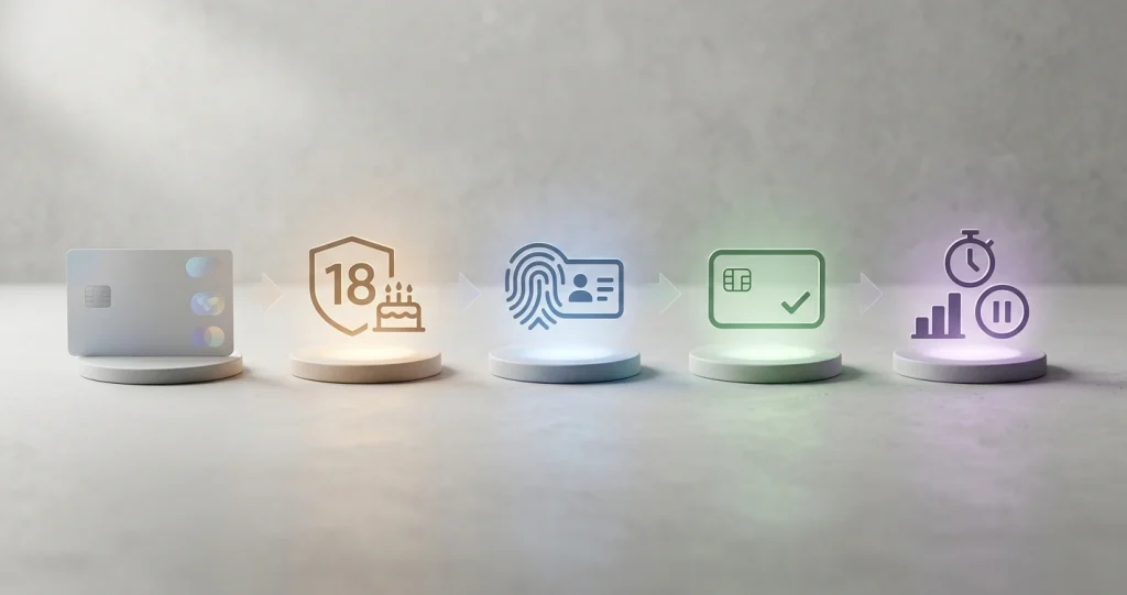 Generic account-opening checklist with identity, age and payment verification symbols