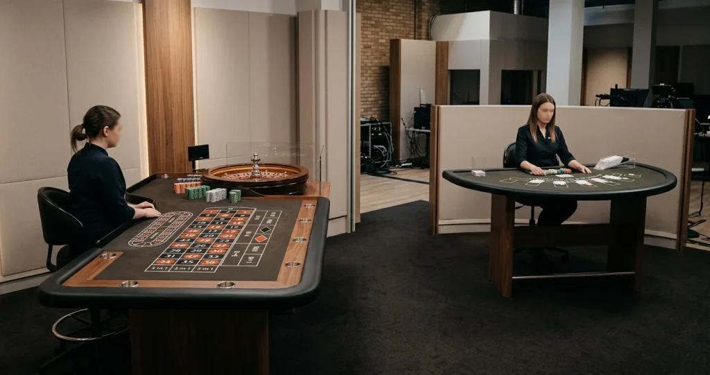 Generic live dealer casino studio with roulette and blackjack tables