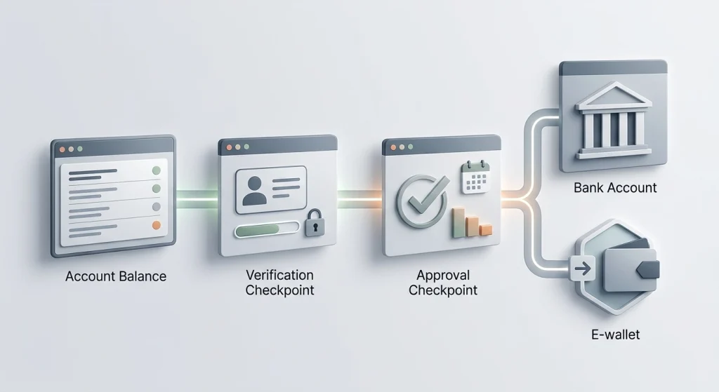 Conceptual withdrawal flow from casino balance through verification to a bank or e-wallet